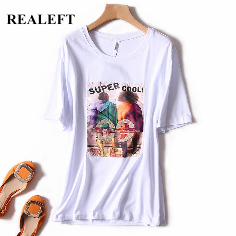 

REALEFT 2019 New Arrival Summer Women Cartoon Printed Cotton T-Shirts Short Sleeve O-Neck Regular Chic Shirts Tops Womens