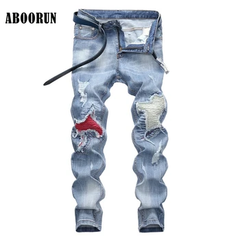 

ABOORUN Hi Street Men's Biker Jeans Distressed Patchwork Pleated Motor Jeans Hip Hop Mens Full Length Straight fit Jeans x1373