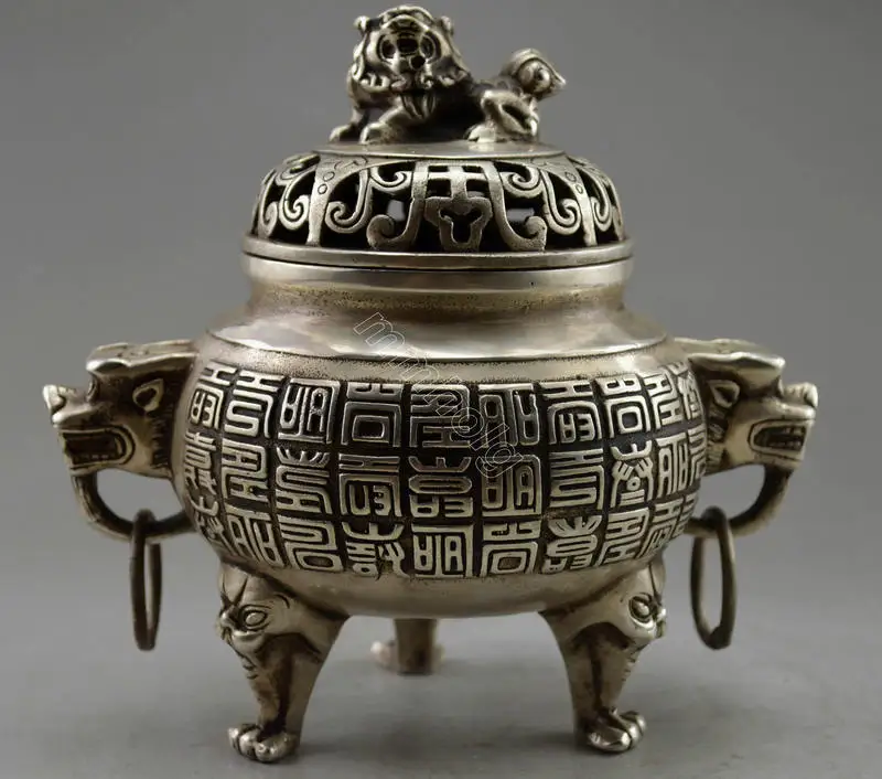 

Collectible Decorated Old Handwork Tibet Silver Dragon Character Incense Burner Statue fast Shipping
