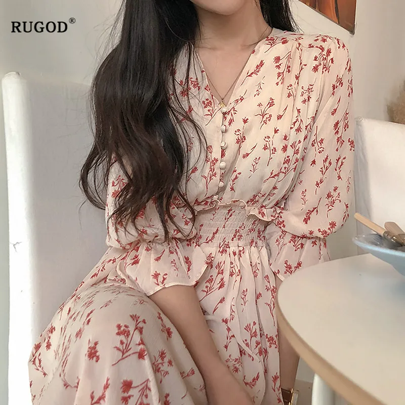 

RUGOD New Fashion floral dress Casual Pleated long maxi dress V-neck women vintage female 2019 party dress