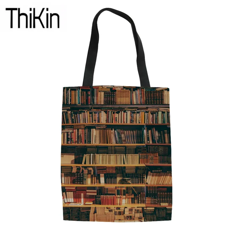THIKIN женские сумки для шоппинга, Library, Книжная печать, складные сумки для шоппинга для подростков, большая Холщовая Сумка-тоут, сумки для книг для девочек - Color: as pictures