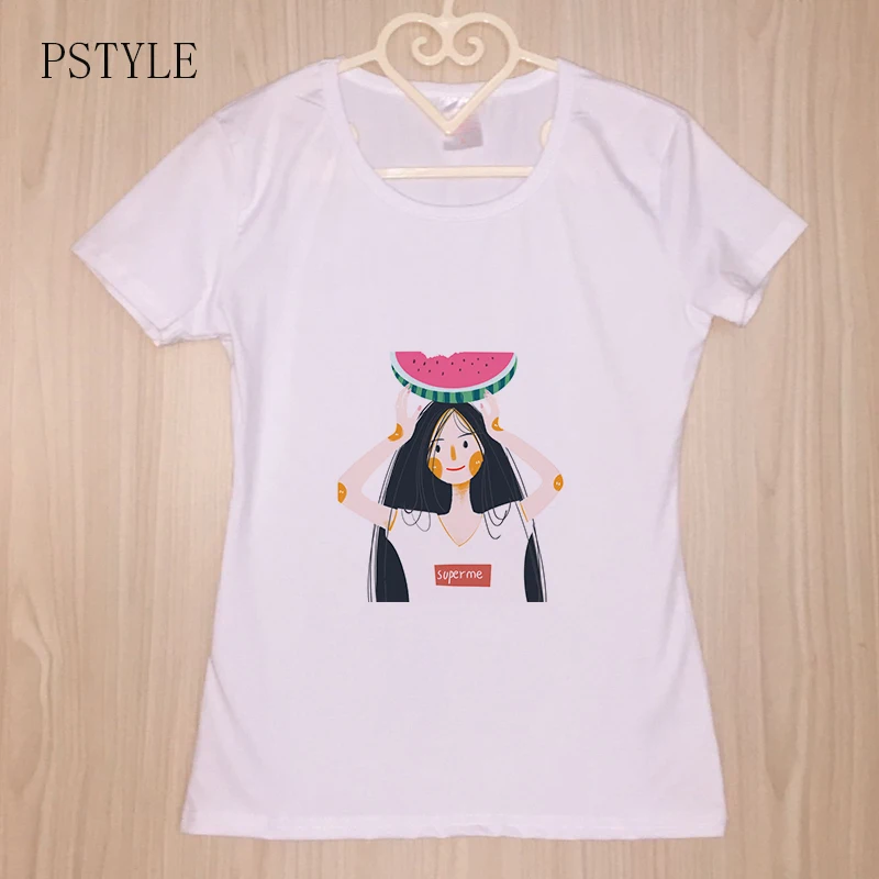 

Summer Tshirt For Womens Fresh Style Girls Watermelon Print Funny T shirts Short Sleeve Simple Design Custom White Tees Shirts