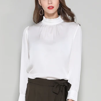 

Silk Stain full sleeve Blouses shirts elegant white office lady work fashion solid silk shirts blouse tops summer Woman 2019