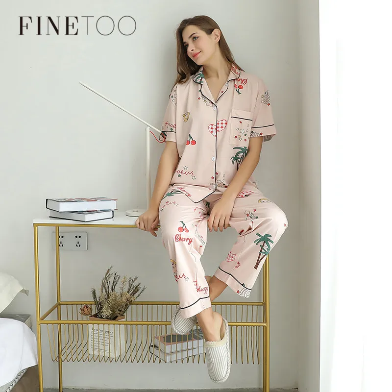 Пижама FINETOO женская летняя короткая с принтом|Комплекты пижам| |