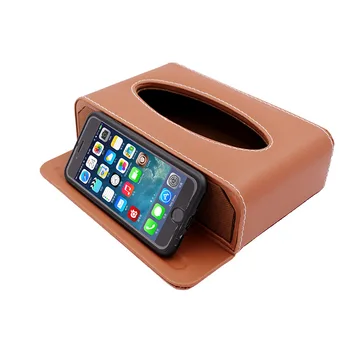 

Block Leather Car Tissue Box with Mobile Phone Stand Plate for Dashbaord Anti-slip Auto Tissue Box Brown Black