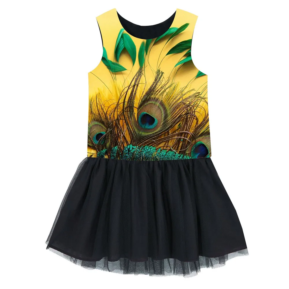 

girls clothes kids dress fashion Beautiful peacock feathers printing New summer sleeveless Dress 2-10years Children dress