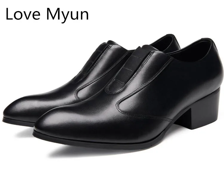 Pointed toe slip on genuine leather men shoes high heels men's dress