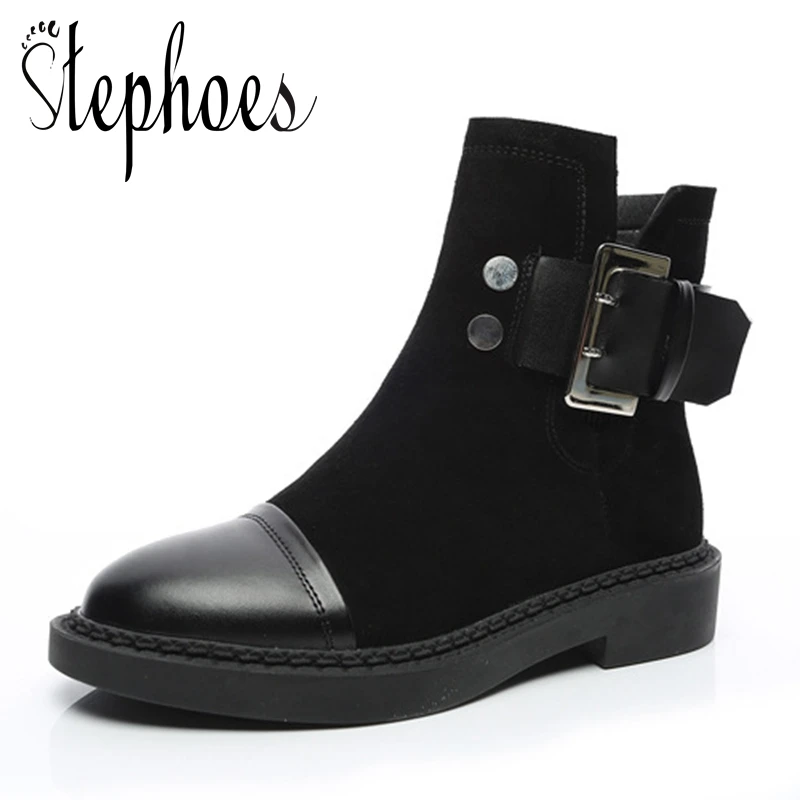 

Stephoes 2018 Women European Style Buckle Chelsea Boots Genuine Leather Women Fashion Metal Short Boots Winter Warm Plush Boots