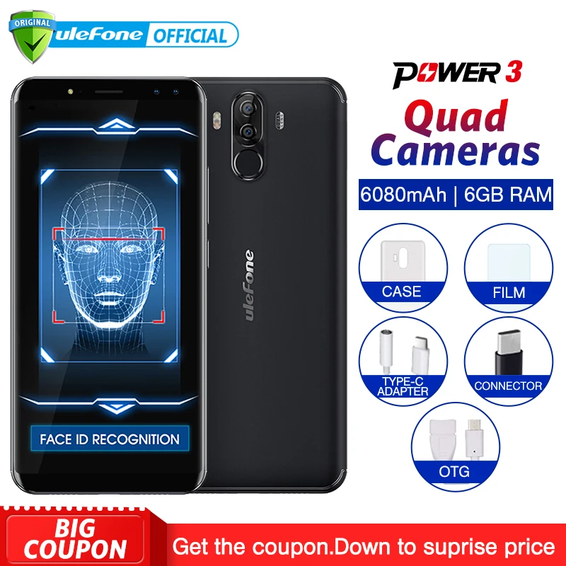 

Ulefone Power 3 Android 7.1 Mobile Phone 6.0" 18:9 FHD+ MT6763 Octa Core 6GB+64GB 21MP Quad Camera 6080mAh Face ID 4G Smartphone