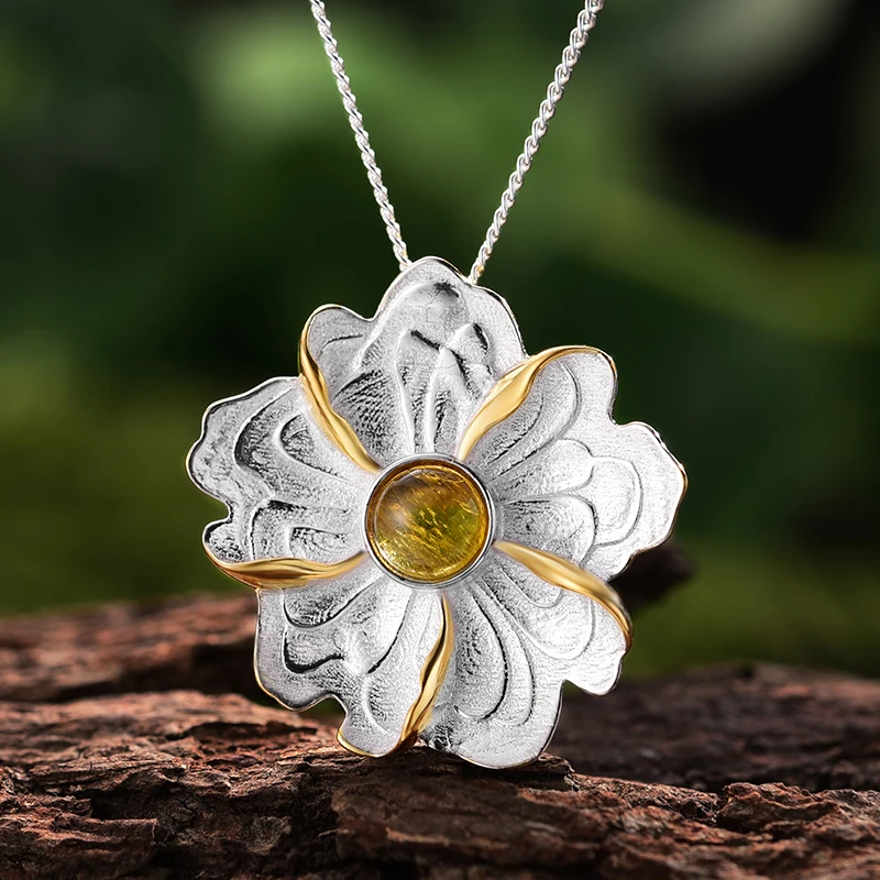 Lotus Fun Real 925 Sterling Silver Natural Tourmaline Handmade Fine Jewelry Peony Flower Pendant without Necklace for Women