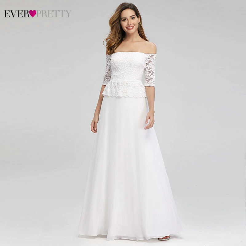 

Ever Pretty Illusion White Wedding Dresses Off The Shoulder A-Line Zipper Elegant Lace Bride Dresses Vestidos De Novia 2019