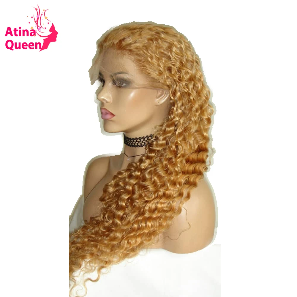 

Honey Blonde #27 250 Density Lace Front Human Hair Wigs for Women Atina Queen Brazilian Curly Lace Front Wig Pre Plucked Remy