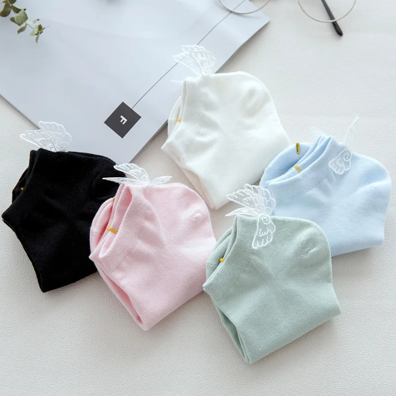 Милые неглубокие носки-башмачки с бантиком для девочек, хлопок, летние спортивные короткие носки с белыми крылышками