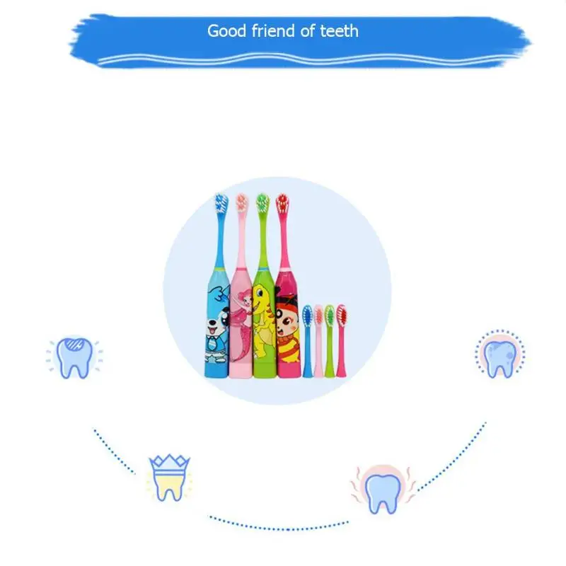 Детская электрическая зубная щетка с мультипликационным рисунком, двухсторонняя зубная щетка, электрическая зубная щетка для детей с сменной головкой 2 шт