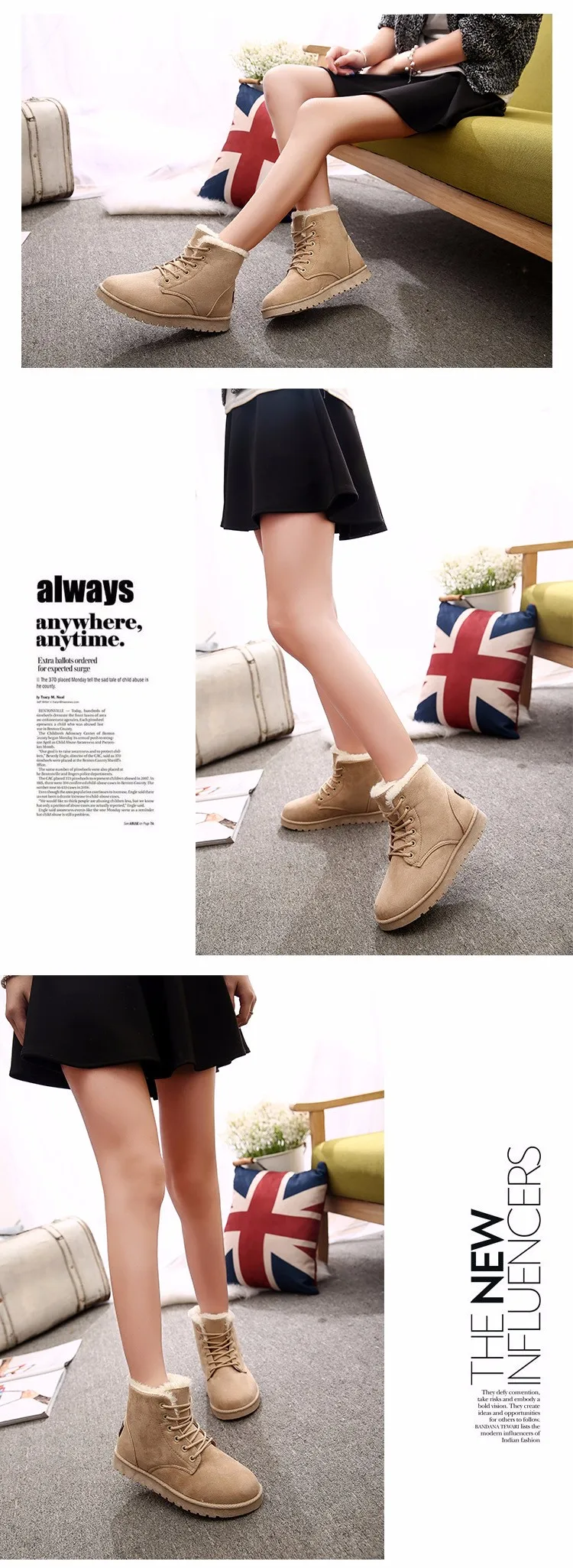 2016 Winter Woman Boots Lace-up Solid Flat Ankle Boots Casual Round Toe Woman Shoes Fashion Warm Plus Cotton Shoes ST903 (5)