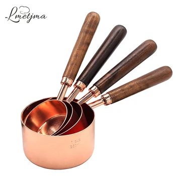 

LMETJMA 4pcs/set Stainless Steel Measuring Cups with Wood Handle Rose Gold Measuring Cups Set For Baking Sugar Coffee KC0059