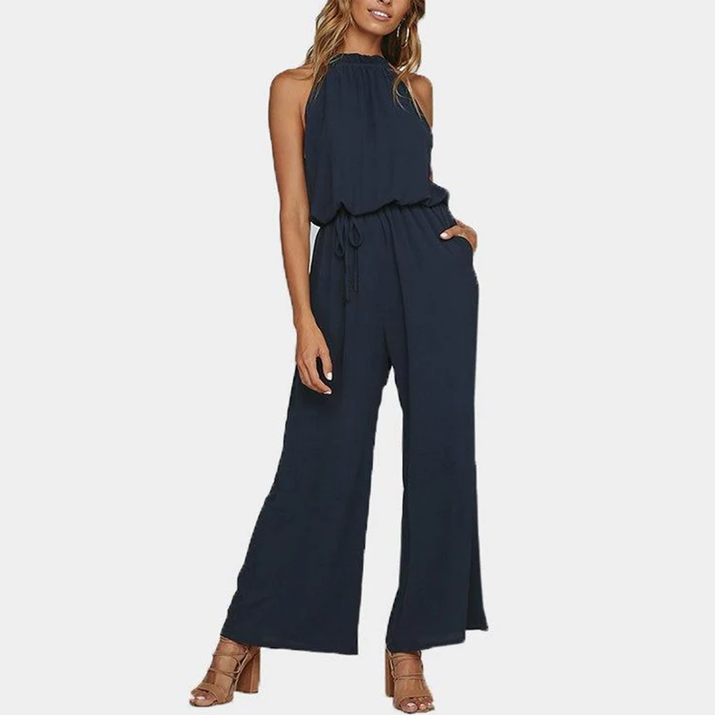 

Sexy Lace Up Pocket Jumpsuit White Backless Sleeveless Long Playsuit Tunic Beach Loose Rompers Streetwear Overalls For Women