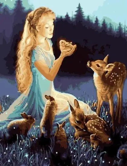 cioioil-X139 Sika deer rabbit girl painting by numbers wall decor on canvas oil paint coloring by number drawing