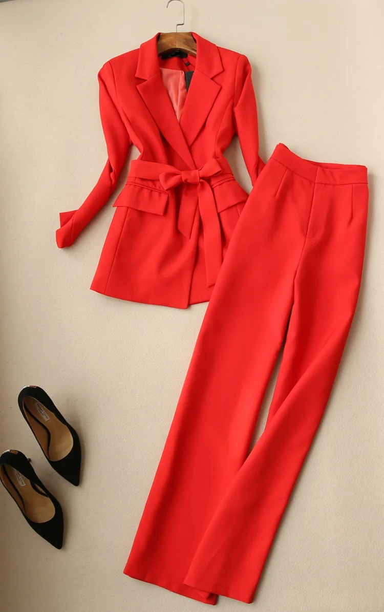 Женский элегантный OL Офисная Рабочая одежда с длинным рукавом Блейзер Топ и высокая талия полная длина брюки один комплект - Цвет: Red