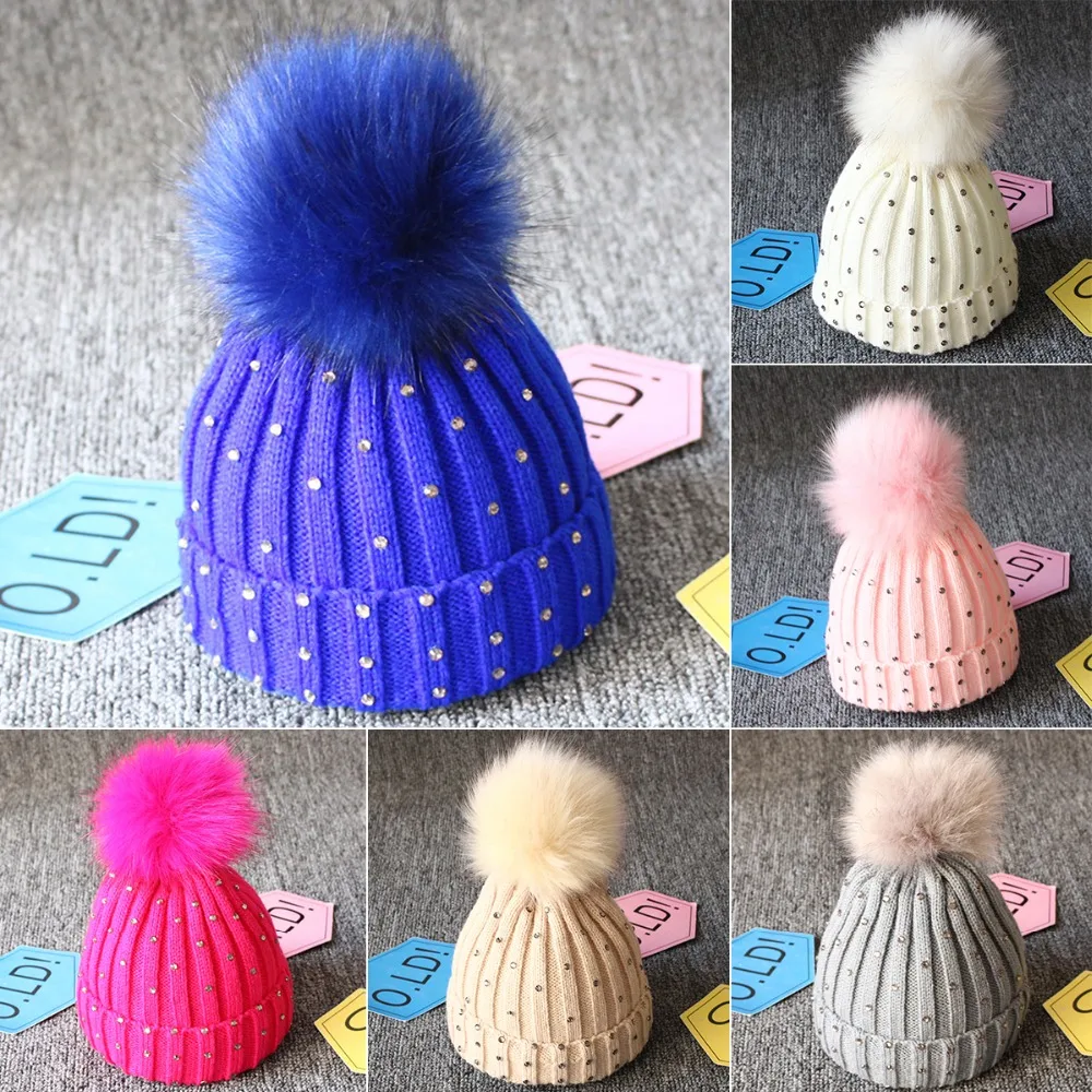 

Puseky Winter Baby Real Mink Fur Ball Beanie Thick Knit Hat Kids Warm Raccoon Infant Fur Pom Poms Skullies Beanies Wool Caps