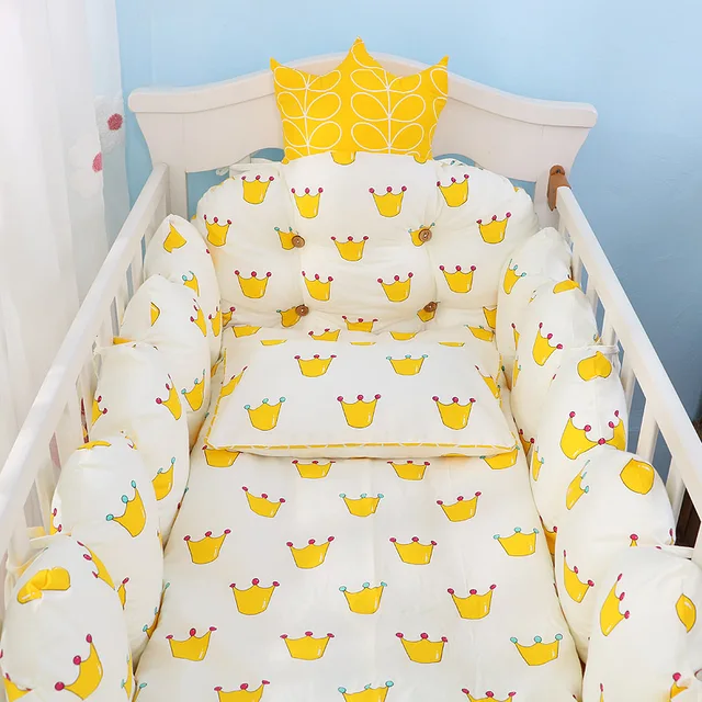 100% Cotton Crib Bed Linen Kit,Crown Design Baby Crib Bedding Set,Baby Bedding Set Includes Bumpers+Pillow+Quilt+Mattress cover 2