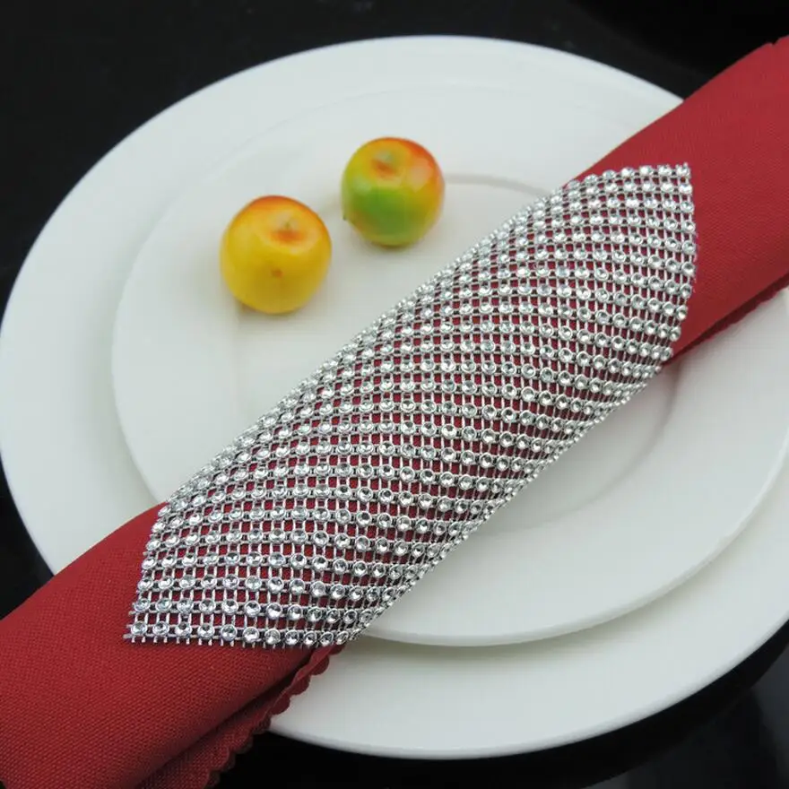 10pcs Silver Diamond Mesh Wrap Napkin Ring Serviette Buckle Holder For