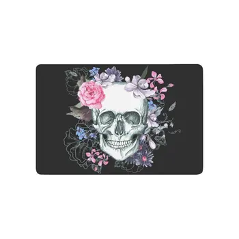 

Day of the Dead Anti-slip Door Mat Home Decor, Sugar Skull with Pink Flower Indoor Outdoor Entrance Doormat Rubber Backing