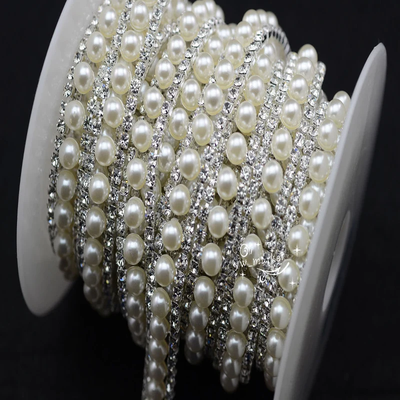 

free shipment costume pearls rhinestone applique trims silver base sewing accessories 1 yard