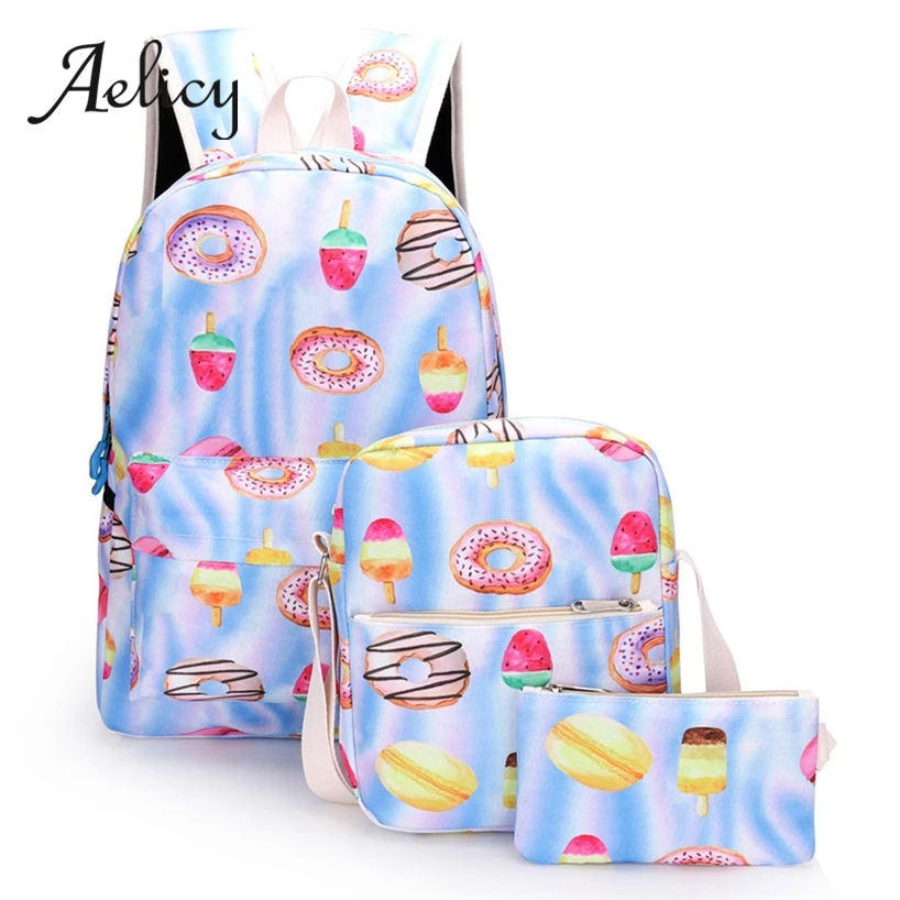 

Aelicy Teenage Girls Backpack Quality Canvas Cute Candy Food Pattern Women Students School Bag + Crossbody Bag+Clutch Bag 3pcs
