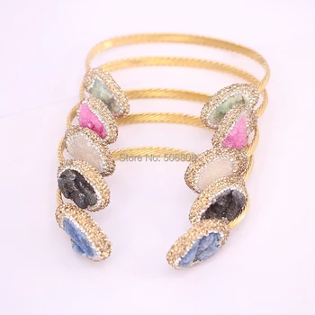 

5PCS Zyunz Mix Color Quartz Nature Stone Bangle, Pave Golden Rhinestone Nature Quartz Crystal Drusy Gold Cuff Open Bangles