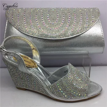 

Elegant wedding/party wedge heel African buckle design shoes with handbag set with rhinesones GY27 in silver, height 8cm