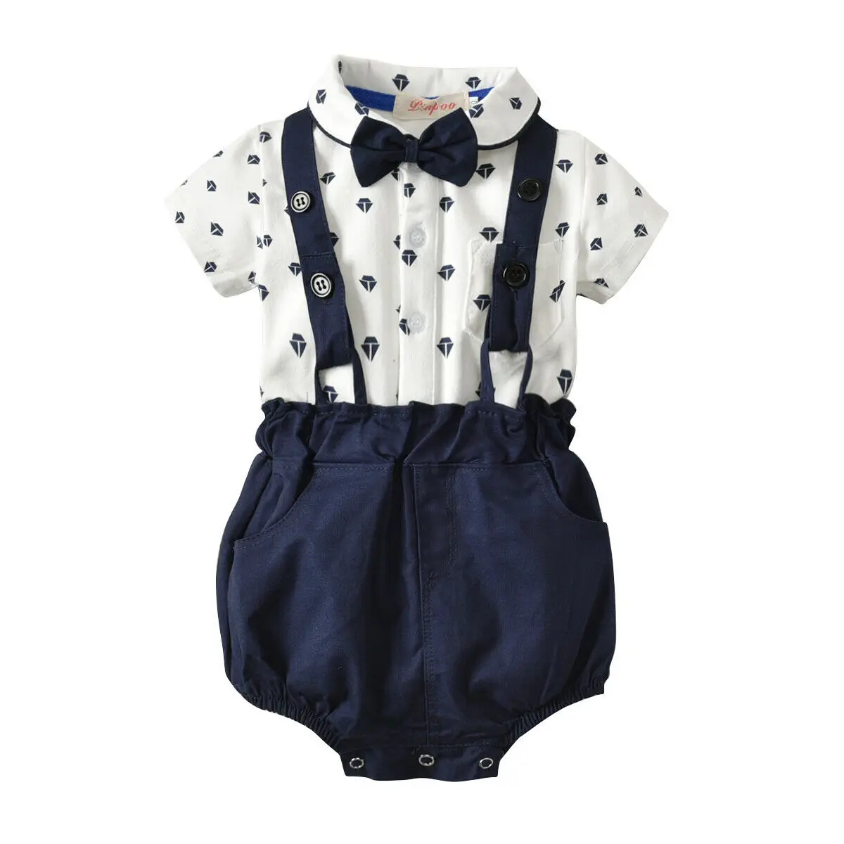 

IMCUTE Toddler Bowknot White Romper Top Bib Overall Bottoms 2Pcs Set Baby Boys Clothes Outfits