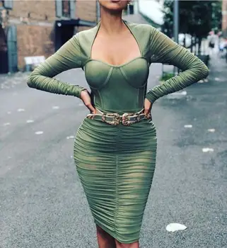

Women Sexy Lace Mesh Long Sleeve Black Thick Rayon Green Bandage Dress 2019 Ladies Elegant Vintage Mini Party Dress with Belt
