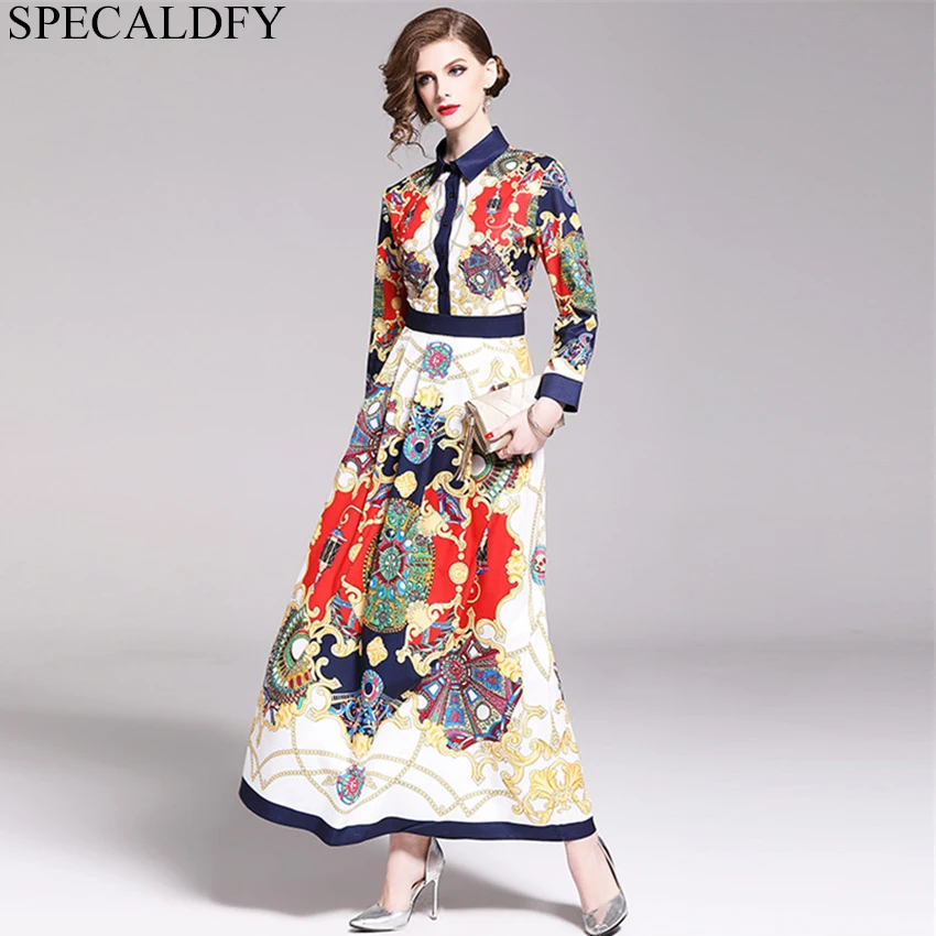 

Women Spring Runway Dress 2019 Designer High Quality Fashion Long Dress Luxury Print Retro Vintage Maxi Dresses Robe Femme