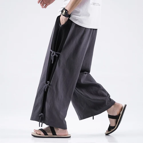 Мужские льняные широкие брюки, мужские черные Харадзюку уличная одежда, шаровары, Мужские штаны в китайском стиле, HanFu Kongfu, хлопковые брюки, юбка - Цвет: Dark Gray