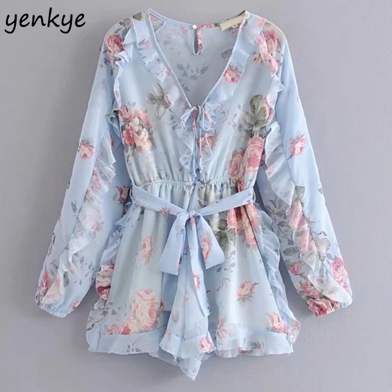 

2019 Floral Print Chic Ruffle Jumpsuit Elegant Women V Neck Long Sleeve With Belt Holiday Summer Beach Boho Jumpsuit Short