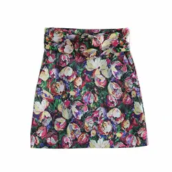 Винтаж Chic Цветочный принт с поясом мини юбка для женщин Мода 2019 г. линии молния сзади карманы дамы юбки для повседневное Faldas Mujer