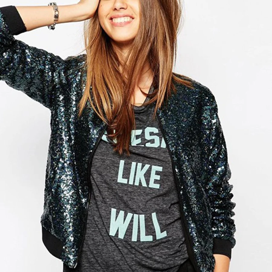 Autumn Women Sequin Coat Blue Bomber Jacket Long Sleeve Zipper Streetwear Jacket Preppy Loose Casual Basic Coat Casaco Feminino