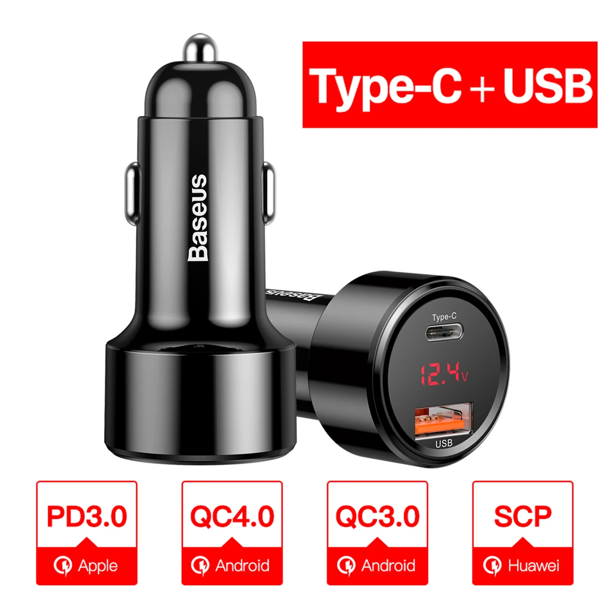 Baseus светодиодный 6A Quick Charge 4,0 3,0 USB Автомобильное зарядное устройство для Xiaomi Mi 9 huawei P30 Pro QC4.0 QC3.0 Быстрая зарядка PD автомобильное зарядное устройство для телефона - Тип штекера: Type C USB Black