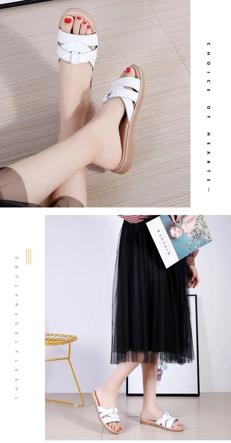 2019 Summer women slippers slip on round toe flat slides sandals women white black leather slippers flip flops slippers  (7)