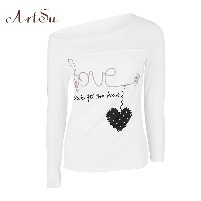 ArtSu T Shirt Women Full Sleeve Letters Printed Splice t shirts Solid Tshirt Woman Tops Basic T-shirt Femme Clothing ASTS50021