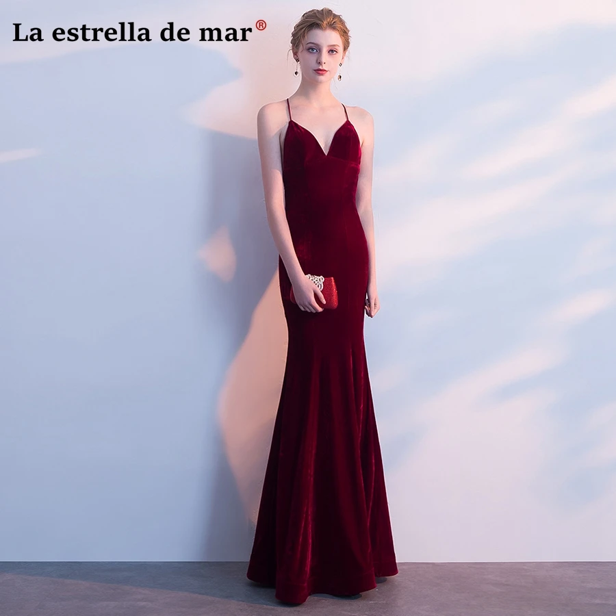

Wedding guest dress2019 new Velvet sexy V neck thin shoulder strap Burgundy sexy mermaid bridesmaid dress long vestido madrinha