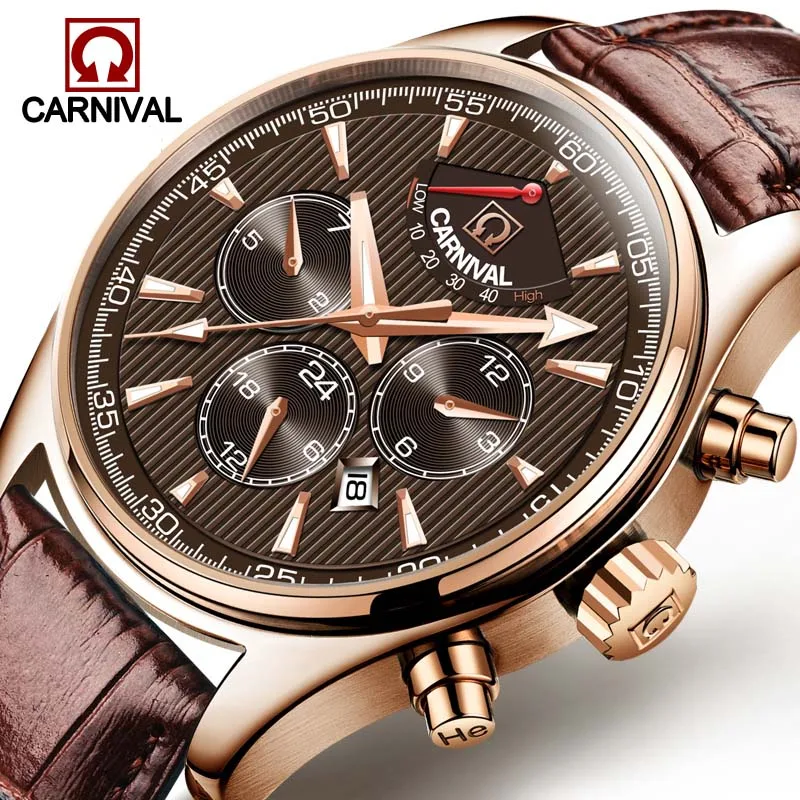 

Carnival Luxury Brand Men Watches Vintage Automatic Mechanical Watch Calendar clock Military WristWatches leather Strap Relogio