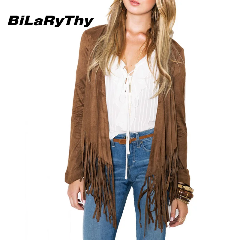 BiLaRyThy Autumn Winter Fashion Women's Long Sleeve Jacket Tassel Hem Open Stitch Slim Outerwear Coats Casual Woman Clothing |