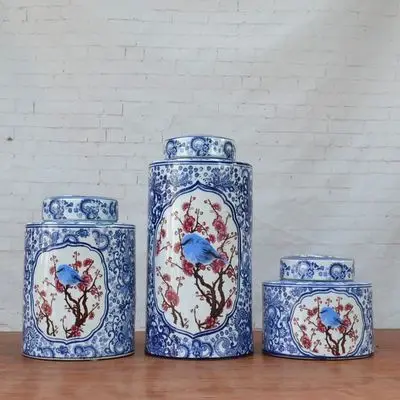 

Blue And White Glaze Ornaments Flower And Bird Porcelain pot Decoration Circular New Classical home Furnishings ceramic jar vase