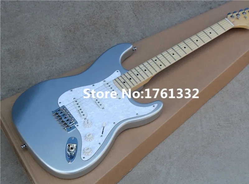 Factory custom 22 frets silvery body electric guitar with basswood body,3 pickups,white pearl pickguard,can be changed