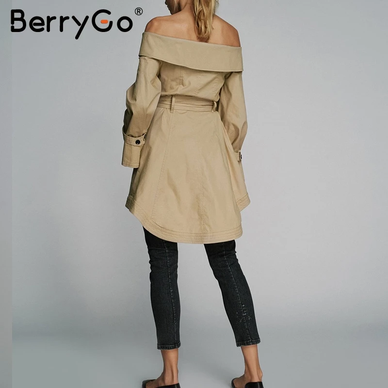 BerryGo с открытыми плечами сексуальный Тренч пальто для женщин высокого пояса хаки