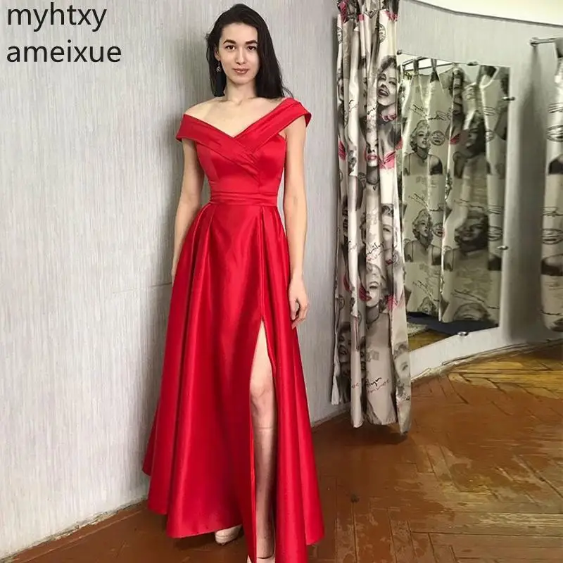 Женское атласное платье с разрезом спереди Элегантное Длинное Красное