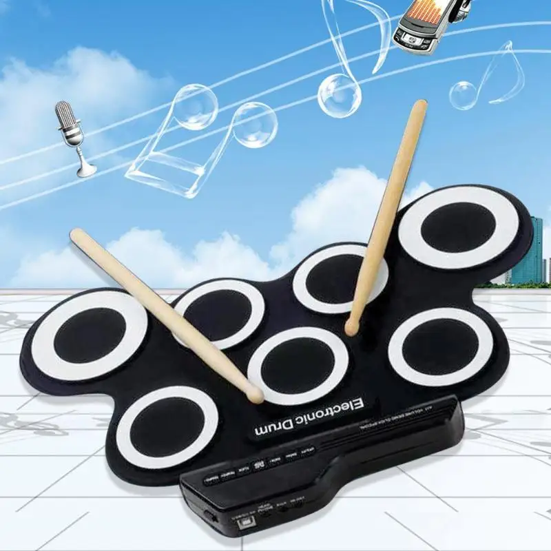 

Portable Electronics Roll Up Drum Pad Set 7 Silicon Pads Built-in Speakers with Drumsticks Foot Pedals For Kids