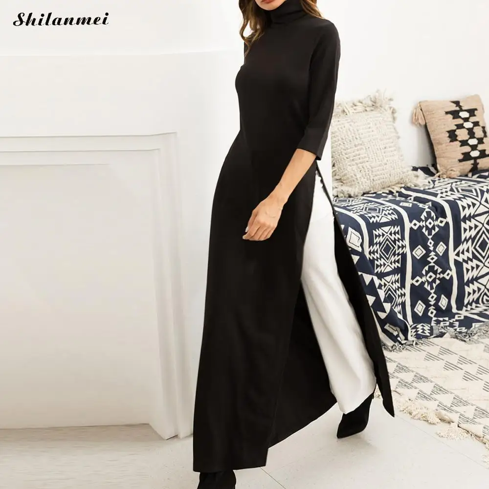 Women Autumn Long Sleeve Straight Dresses High Stretch Turtleneck Black